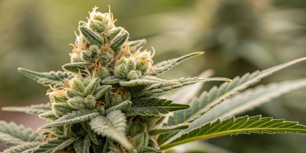 A detailed close-up of a Pound Cake Auto bud showing glistening trichomes and a sticky resin coating, capturing the unique texture and subtle sweet-citrus aroma of the strain.