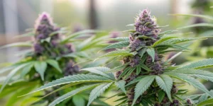 Close-up of dense Purple Punch Auto buds with sparkling trichomes and lush green leaves, highlighting their texture and vibrant color.