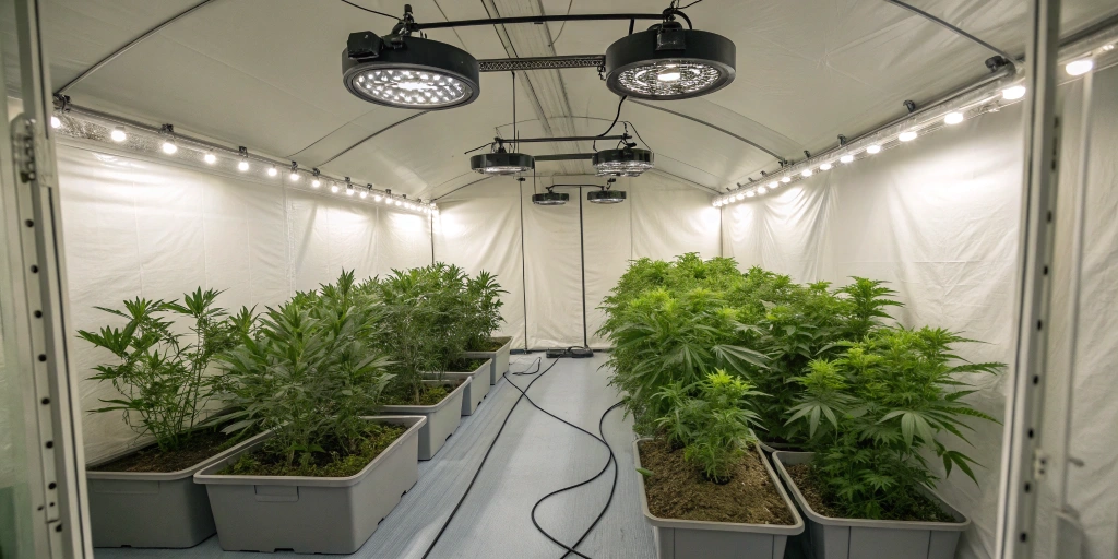 Wide-angle view of a modern indoor cannabis grow tent with LED lights, fans, and healthy plants in different growth stages.