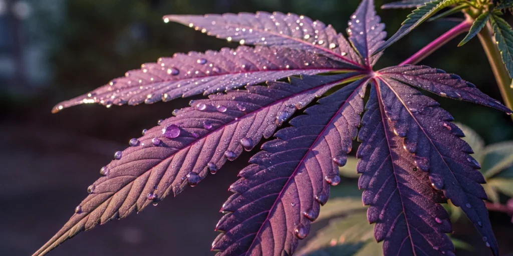 Close-up of a purple cannabis leaf with visible dew droplets, highlighting the natural pigments that answer why is some weed purple.