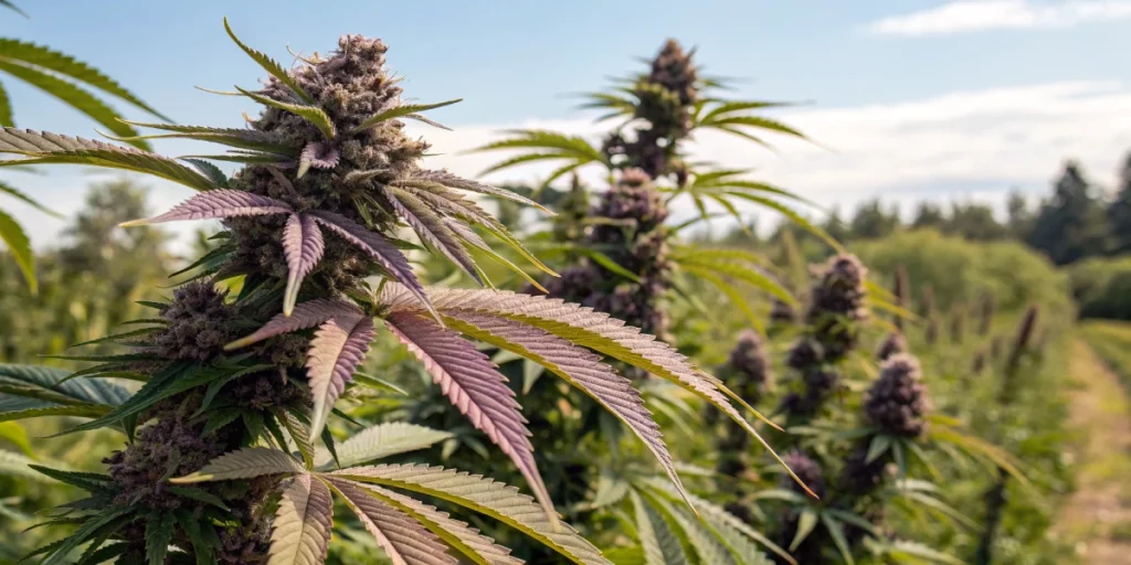 Close-up of purple cannabis buds in an outdoor garden, demonstrating why is some weed purple due to environmental factors