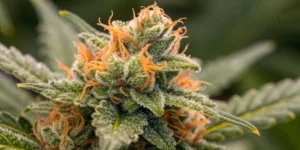 Macro close-up of a Royal Bluematic Auto strain bud with sparkling trichomes and vibrant citrus hues.