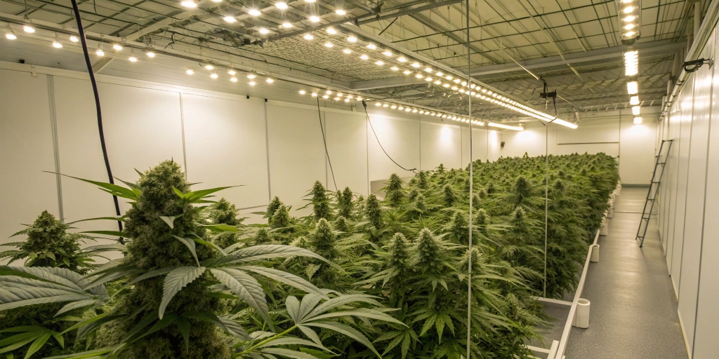 Indoor grow room with bright LED lights and healthy Royal Bluematic Auto strain plants displaying dense, resinous buds.