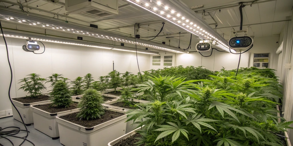 Indoor cannabis grow room with LED lights and thriving auto-flowering plants.