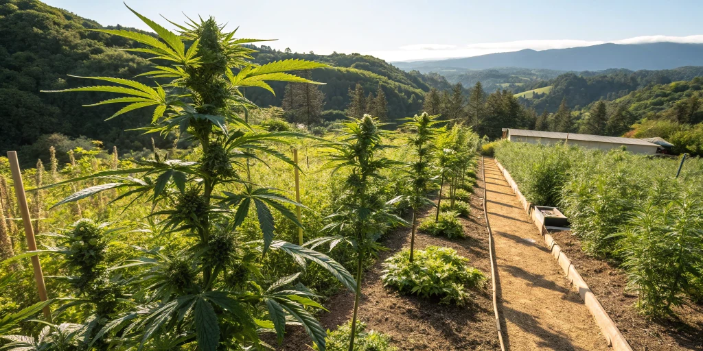 Outdoor cannabis garden with healthy auto-flowering plants under bright sunlight.