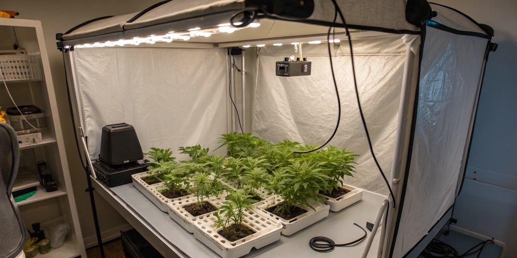 Indoor grow tent with LED lights, hydroponic system, and ventilation setup, designed for cultivating Stardawg Auto strain.