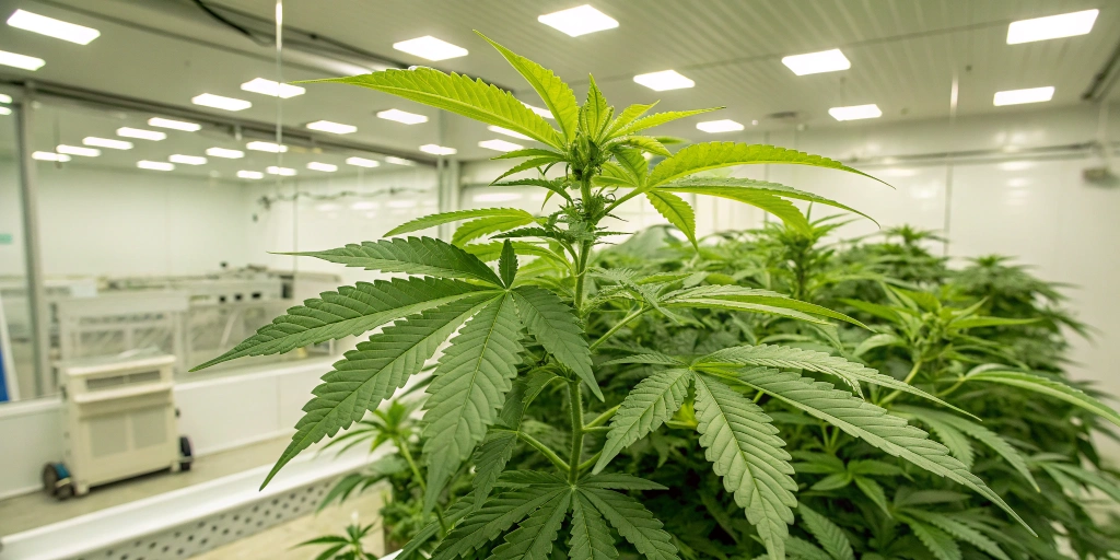 Healthy cannabis plant in vegetative stage with lush green leaves in a modern indoor grow room with optimal lighting.