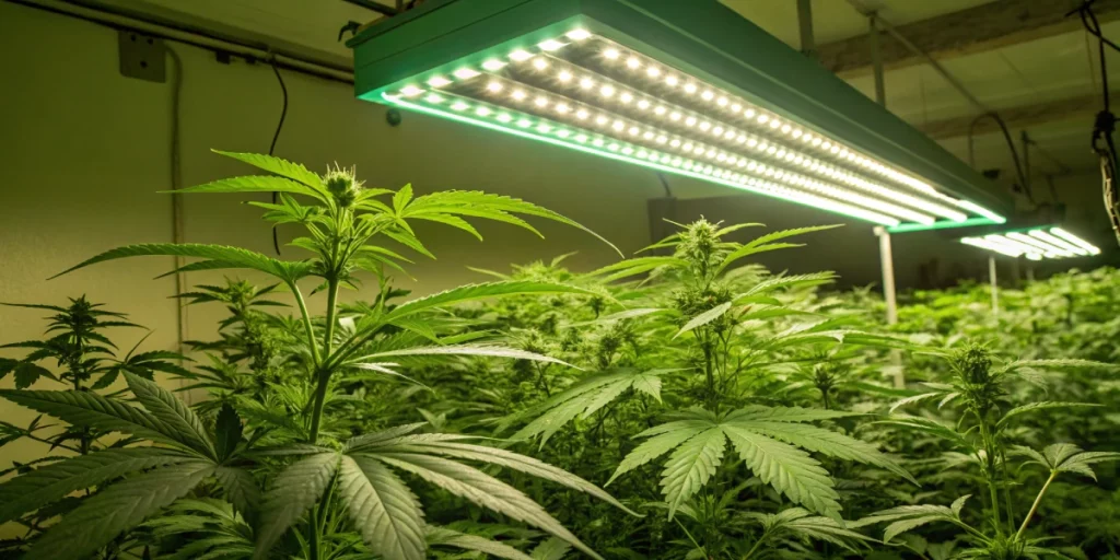Indoor cannabis garden representing the energy side of strain finder energy and relaxing with plants thriving in bright light.
