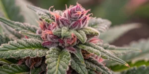 Close-up of a Strawberry Gorilla strain bud with detailed trichomes displaying milky, amber hues and a subtle strawberry tint.