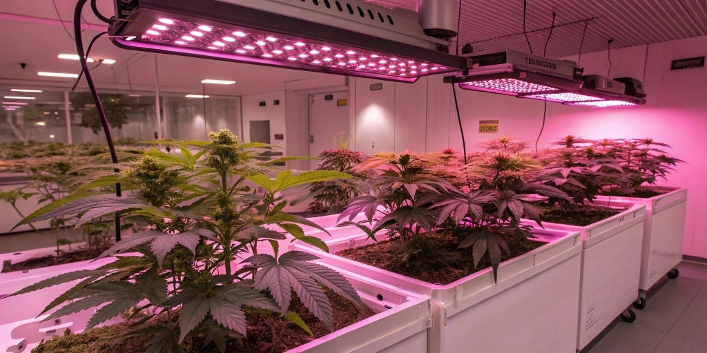 Indoor grow room with healthy Strawberry Gorilla strain plants under LED lights, showcasing vibrant leaves and budding clusters.