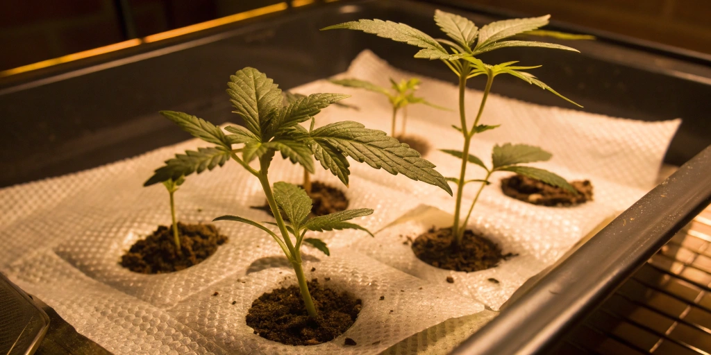 Germinating Sugarlato Auto strain seeds on moist paper towels with emerging taproots in a warm, dark environment.