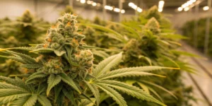 Close-up of Super Bud Auto strain buds showing detailed trichomes and bright citrus colors in a controlled indoor setting.