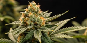 Close-up of dense Super Critical Auto buds with glistening trichomes and bright citrus hues on a dark backdrop.