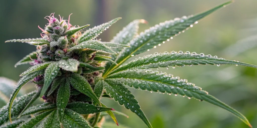 A close-up shot of a cannabis bud being lightly misted with Terpene Spray for Bud, showing droplets and a refreshed appearance.