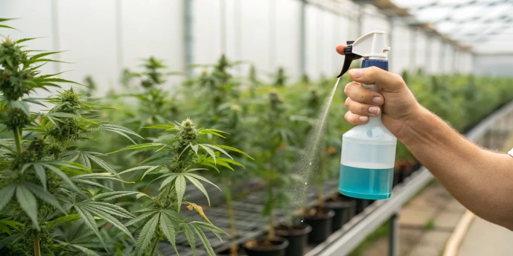 A demonstration setup with a hand holding a spray bottle and a background of neatly arranged cannabis plants, illustrating the application process.