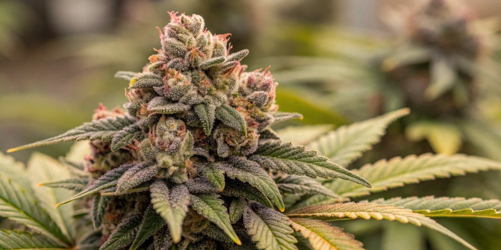 Close-up of dense, resinous Tropicana Cookies Auto strain buds featuring sparkling trichomes and rich citrus hues.