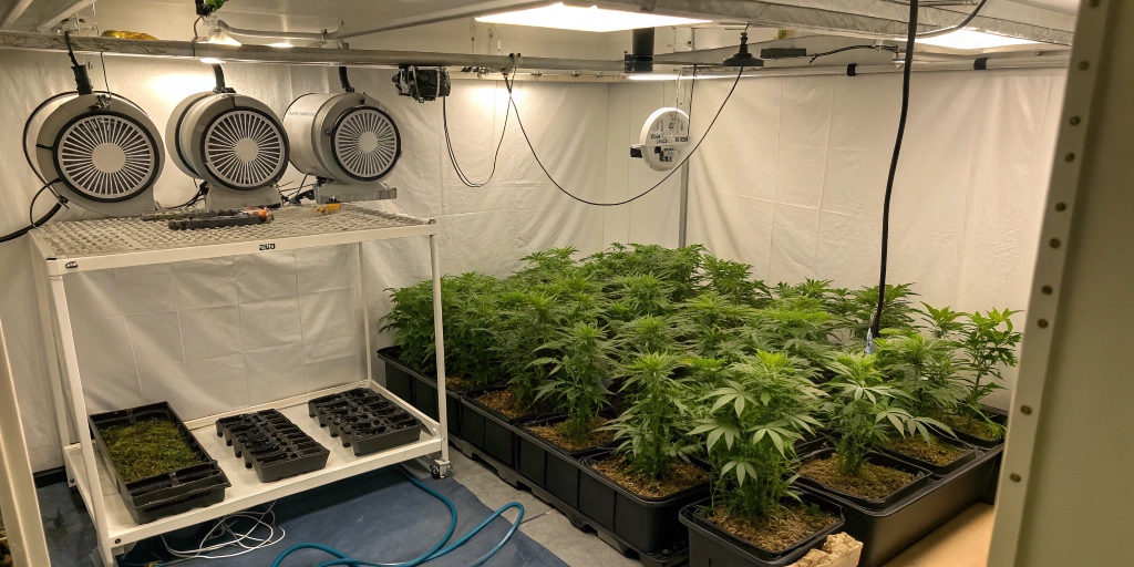 Organized indoor grow room for Tropicana Cookies Auto strain with fans, carbon filters, and digital sensors ensuring optimal conditions for high-quality bud production.