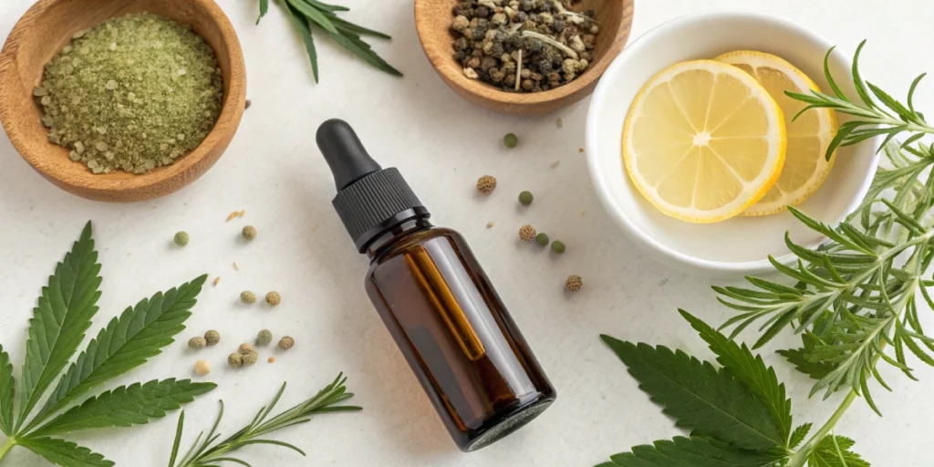 Close-up of a bottle of weed flavour spray with natural extracts and ingredients, ready for application in cannabis cultivation.