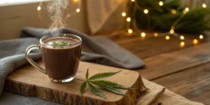 A mug of weed in hot chocolate garnished with a cannabis leaf, inviting you to enjoy a warm, infused drink.