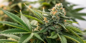Close-up of dense West Coast OG Auto buds with glistening resin and bright green leaves highlighting a citrus touch.
