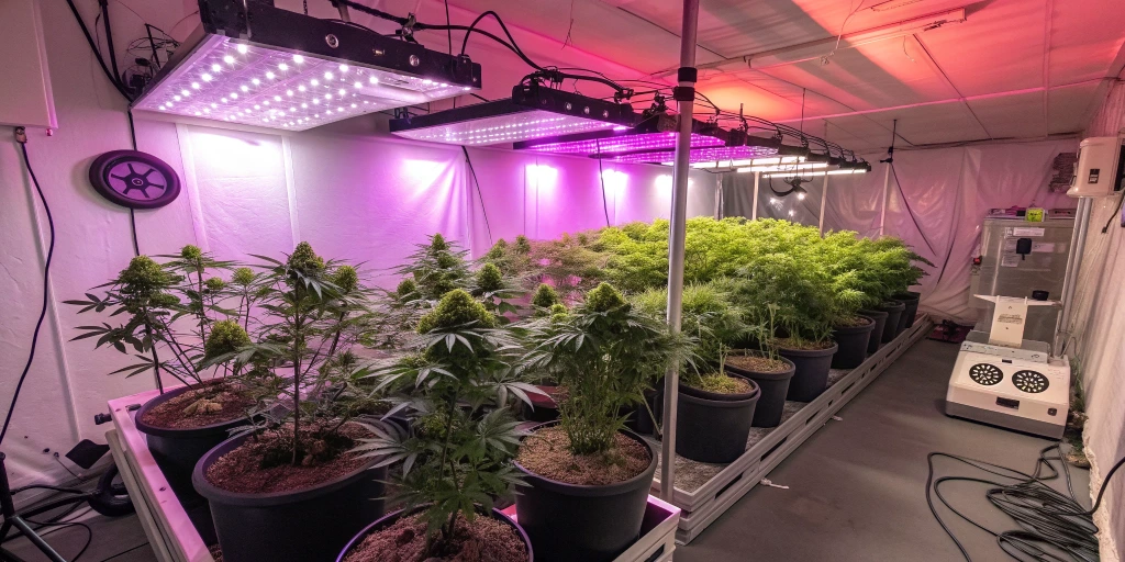 Indoor grow room with West Coast OG Auto strain plants thriving under full-spectrum LED lights and organized equipment.