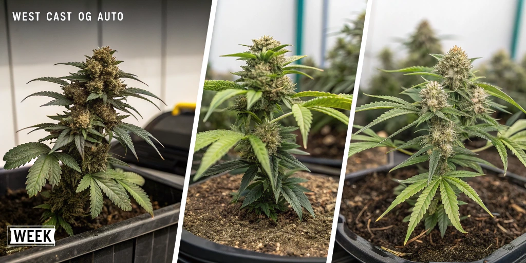 Time-lapse collage showing West Coast OG Auto strain growth from seedling stage to mature buds with evolving trichome colors.