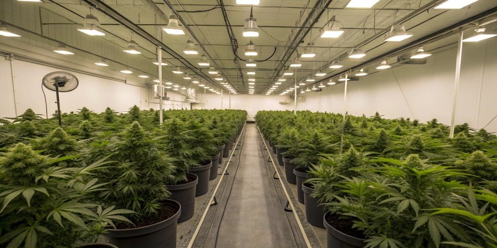 Indoor grow room with organized West Coast OG x Gelato 41 Auto strain plants under full-spectrum LED lights, featuring ventilation fans and carbon filters.