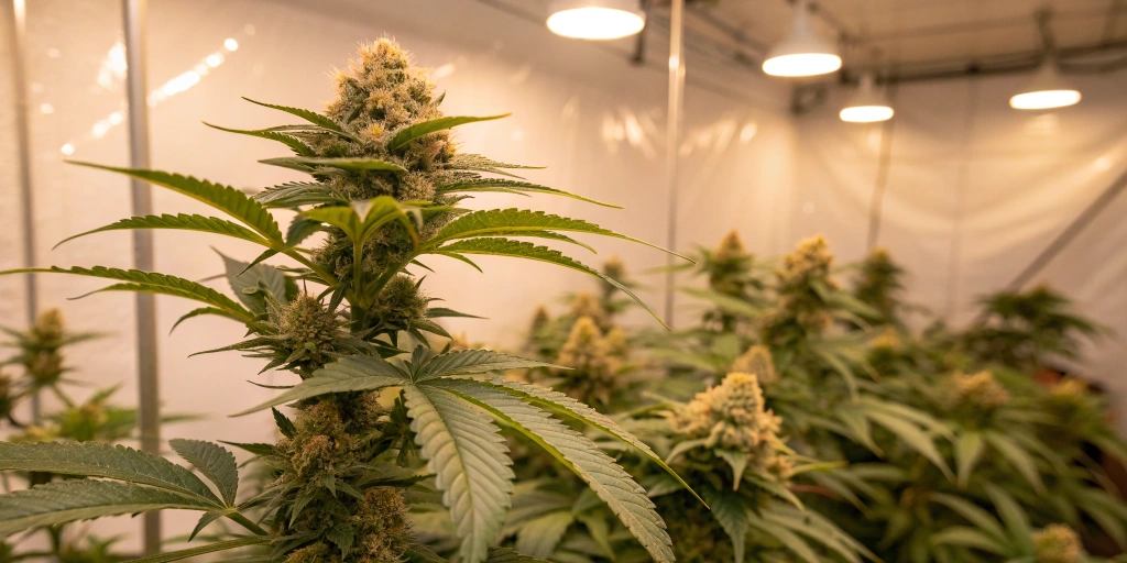 Produce an artistic image of a Mandarin Mist Auto plant in a close-up view within a cozy indoor grow setup. Focus on the plant’s compact structure and detailed buds with a subtle mandarin hue. The background should feature soft, diffused lighting to accentuate the delicate textures and colors of the buds
