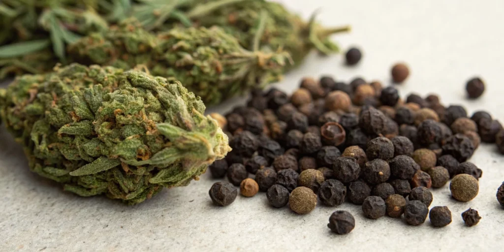 Cannabis bud with black pepper and cloves, highlighting natural sources of caryophyllene Terpene.