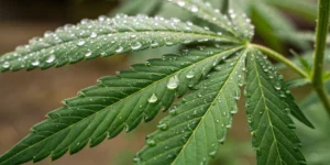 Close-up of a cannabis leaf showing resin droplets rich in caryophyllene Terpene.