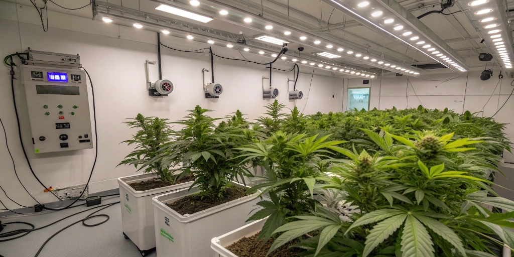Indoor grow room with healthy Guava x Gelato 41 Auto strain plants under full-spectrum LED lights, showcasing a clean and organized setup with proper ventilation and equipment.