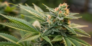 Close-up of Guava x Gelato 41 Auto strain buds showing bright citrus colors, dense resin, and detailed trichomes on lush green foliage.