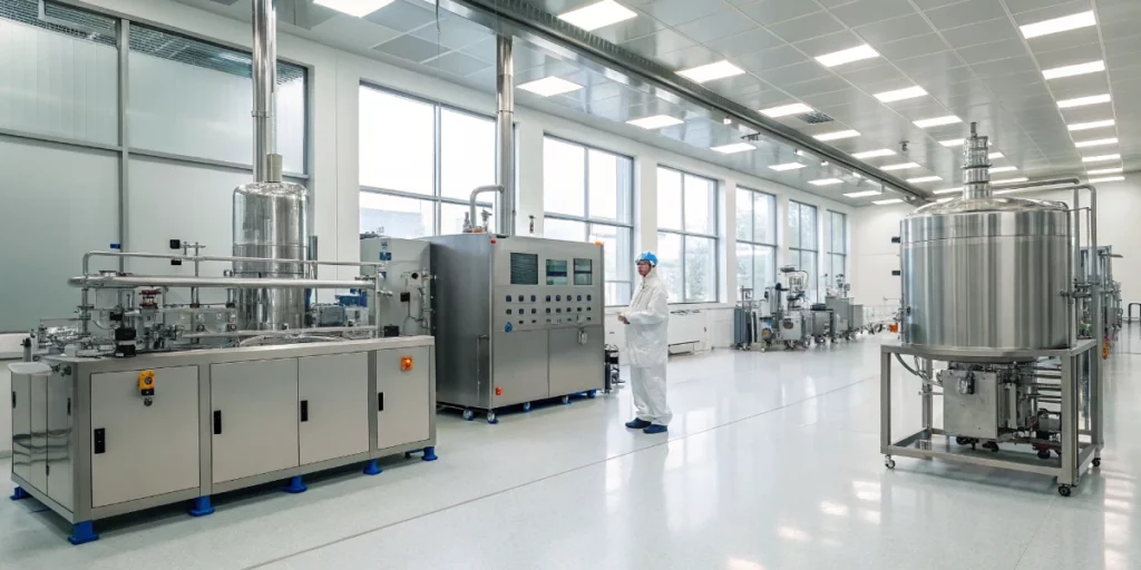 A modern lab setup for hydrocarbon extraction with high-tech safety monitors and equipment ensuring precise and safe operations.