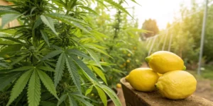 Fresh lemon slices with cannabis leaves showcasing the natural source of Lemon Terpene and its citrus boost.
