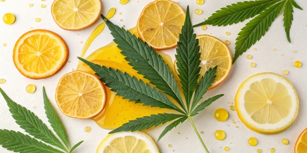 Artistic depiction of a cannabis leaf combined with lemon slices representing the infusion of Lemon Terpene and its bright citrus influence.