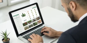 Person placing bids at cannabis seed auctions on laptop screen