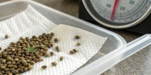 A photograph showing how long do cannabis seeds take to germinate on damp paper towels with humidity readings.