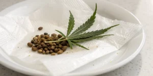 A close-up of a cannabis seed nestled in a damp paper towel on a white plate, demonstrating how to sprout a cannabis seed.
