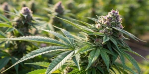 Mature Fruit Spirit strain buds covered in white trichomes in an outdoor garden.