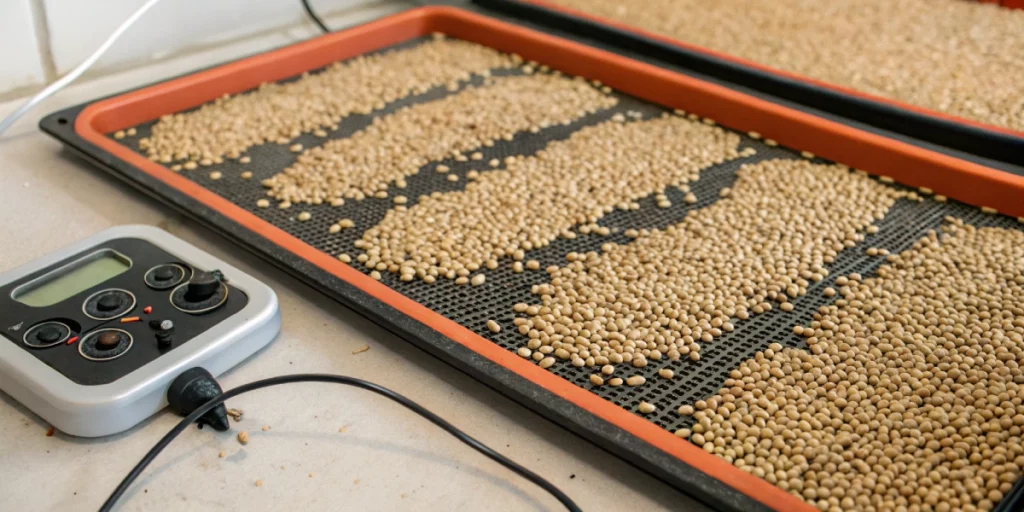 Germinating old cannabis seeds arranged on a heated tray during temperature priming