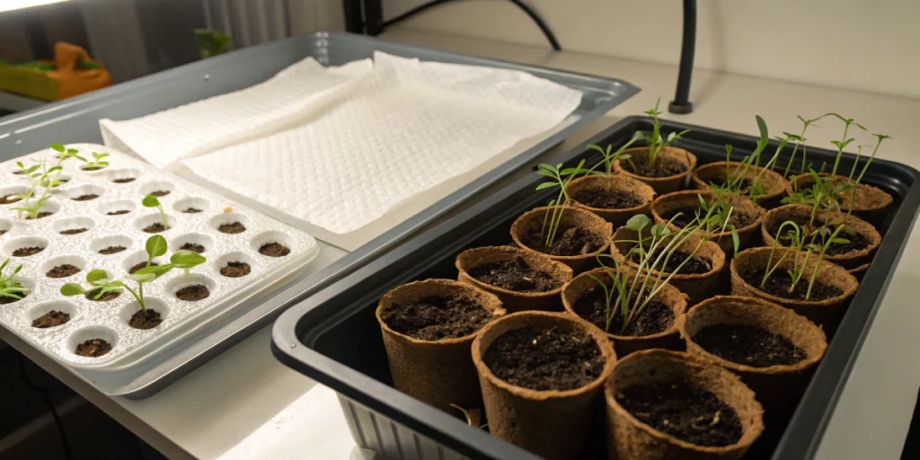 Indoor grow tray split between paper towels and soil cups with LEDs above, demonstrating germinating cannabis seeds in paper towel vs soil.
