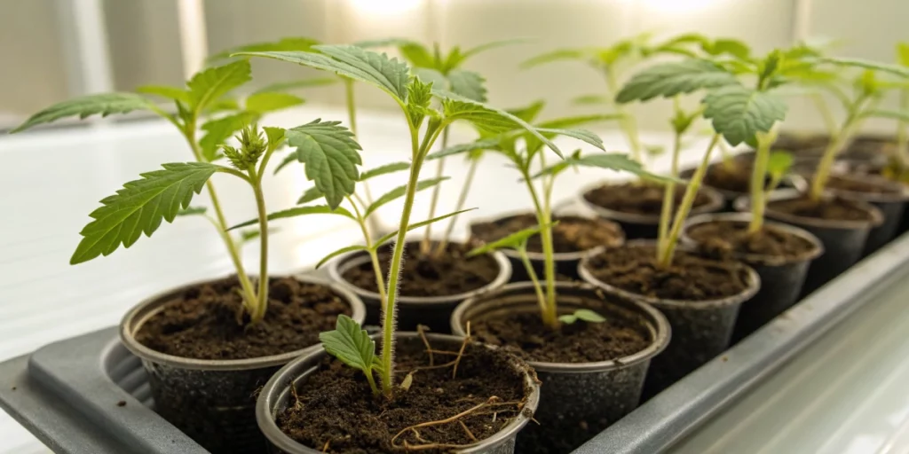 Early stage Glue Gelato Auto Strain seedlings in a tray, showing vibrant green leaves and emerging roots in a bright, clean indoor setup, indicating a healthy start to their growth.