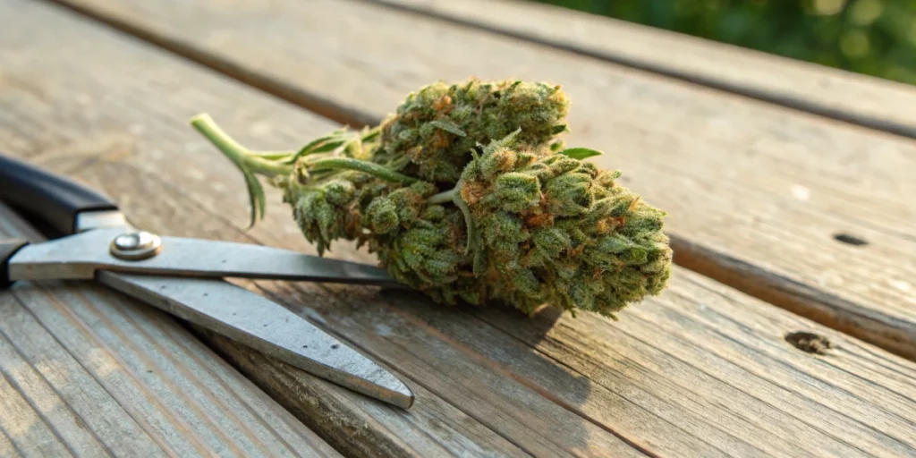 Trimmed Green Gelato strain bud on scissors with visible resin and vibrant hairs.