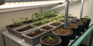 High-quality cannabis seeds maryland displayed with early seedlings under grow lights.