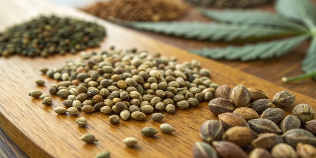 Assorted cannabis seeds maryland spread on a table showcasing different strain labels.