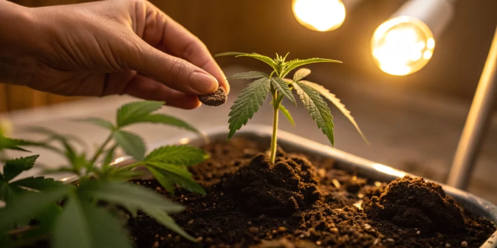 Hand planting cannabis seeds columbus ohio in ideal soil under grow lights.