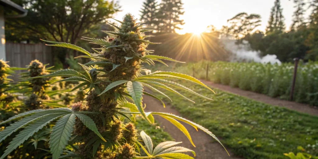 Realistic outdoor scene of a blooming Royal Gorilla Auto strain plant under natural sunlight, displaying vibrant buds in a lush garden setting.