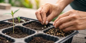 A close-up shot of hands gently planting cannabis seeds into a seedling tray — realistic planting cannabis seeds.