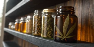 Jars labeled for storing cannabis seeds on a wooden shelf