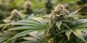 Realistic close-up of sweet ZZ auto strain buds with dense resinous trichomes and vibrant green leaves with subtle purple hints in natural light.